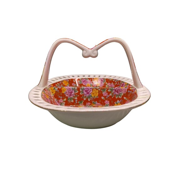 Jay & Sons Ceramic Basket Divided  w/ Handle Red White Floral Gold Rim - Picture 4 of 15